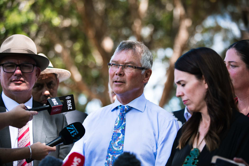 Minister for the Environment David Parker speaking to media, with the prime minister (right) on the grounds of Te Whare Rūnanga on 4 February, 2021.