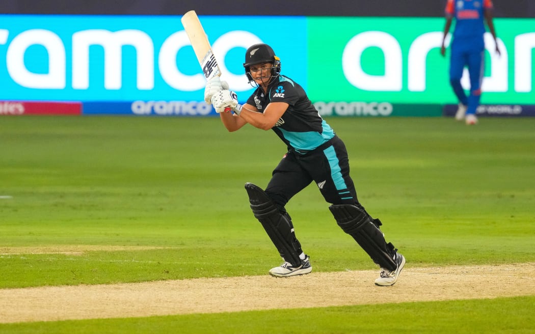 Suzie Bates of New Zealand in action against India, 2024 T20 World Cup, Dubai.