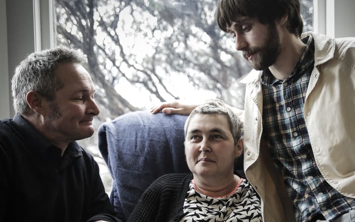 22082016 Photo: Rebekah Parsons-King. L-R Max Kelly (Helen's brother) Helen Kelly and Dylan Kelly (Helen's son).