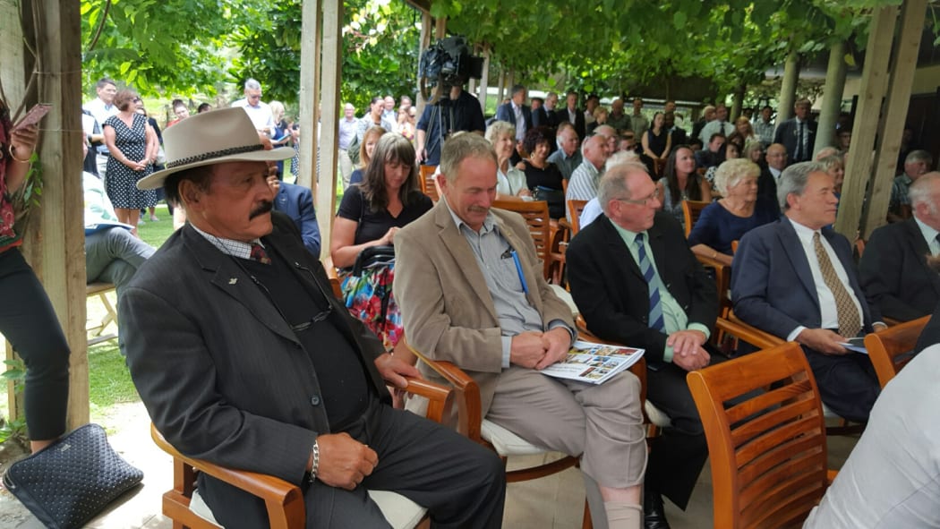 Dover Samuels and Winston Peters listen as Steven Joyce announces the funding boost for the Hundertwasser Art Centre at an event in Kerikeri on 4 February 2015..