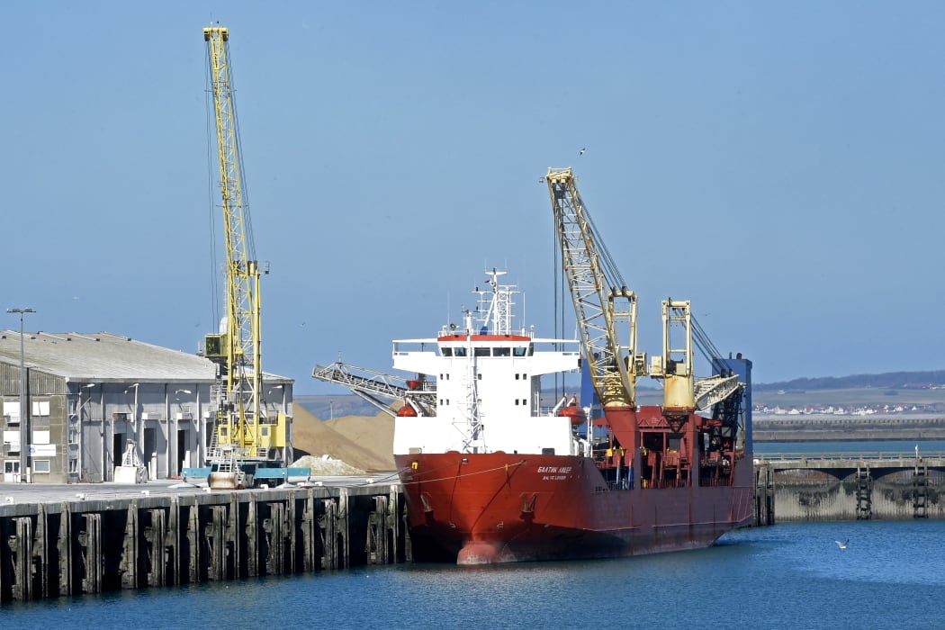 The Russian-flagged cargo ship Baltic Leader after being intercepted by French naval forces in the Channel and escorted to the port of Boulogne-sur-Mer, in northern France.