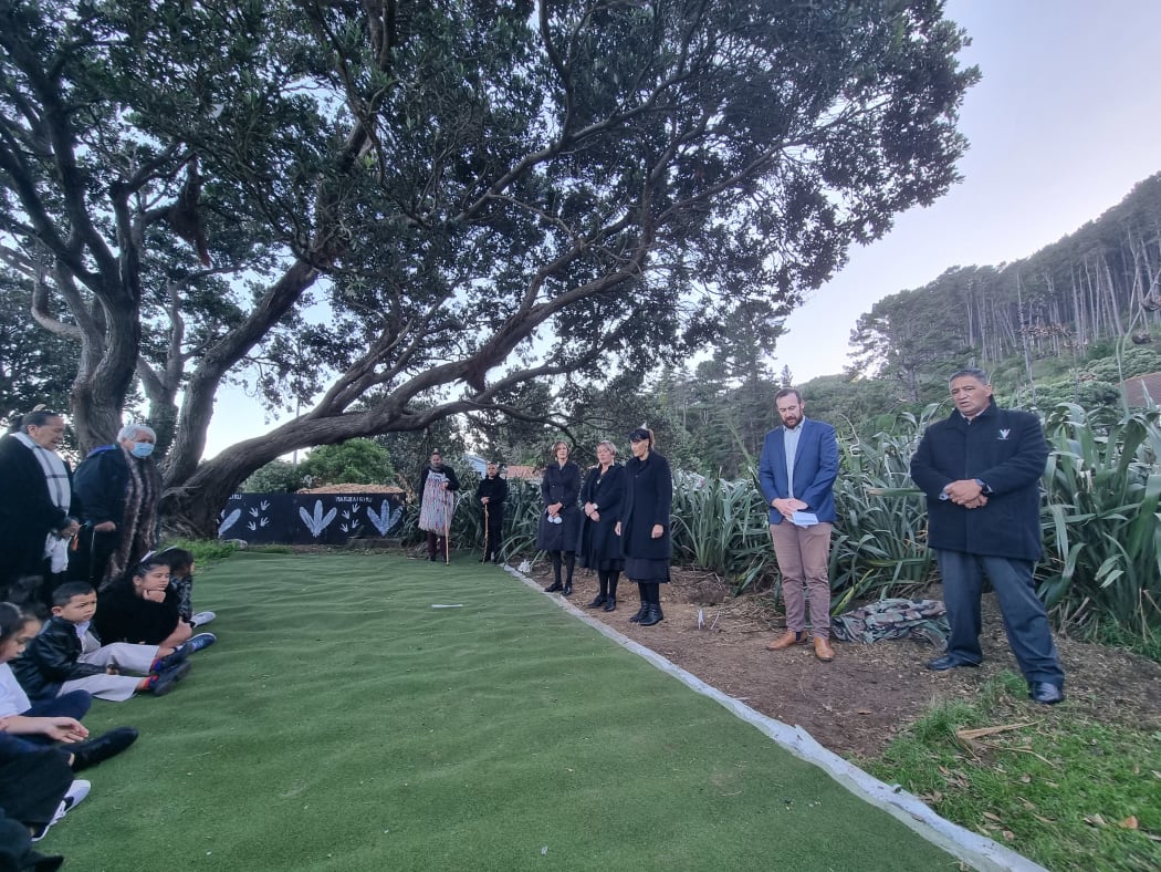 The ceremony at Shelly Bay this morning including Port Nicholson Block Settlement Trust chair Kara Puketapu-Dentice on right in blue jacket.