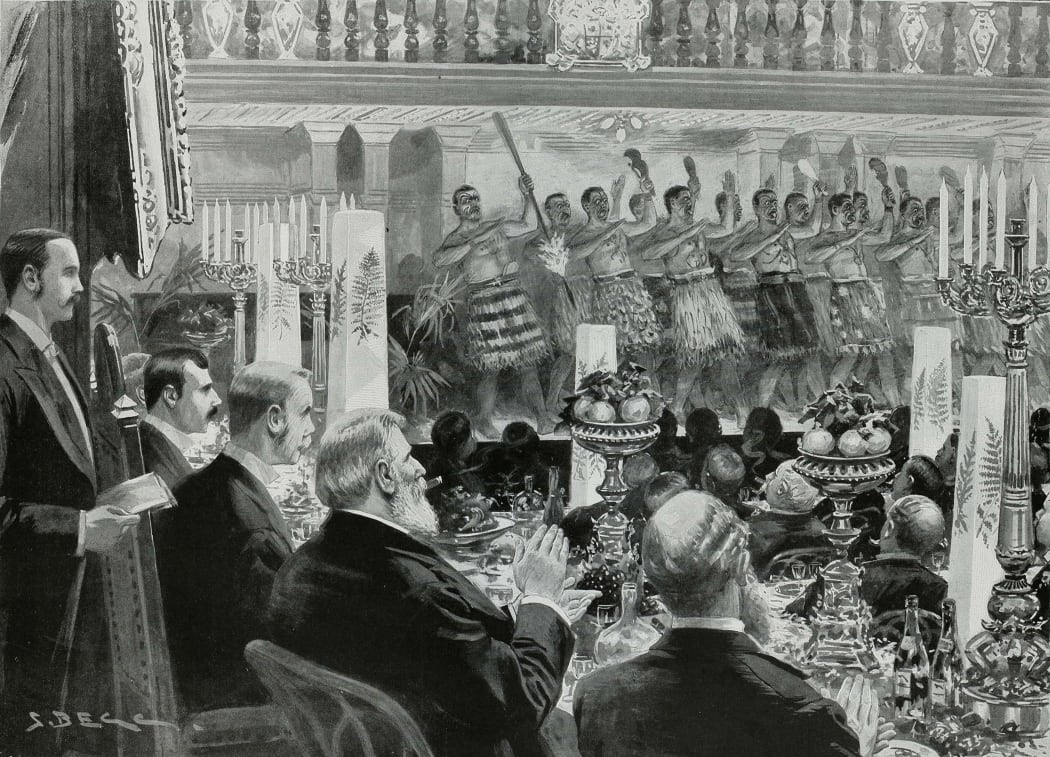 The New Zealand Banquet at the Holborn Restaurant: Maori Warriors Performing the ‘Haka’ War-dance, by Samuel Begg.
Illustrated London News, 1897
.
