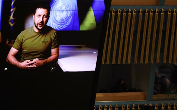 Ukrainian President Volodymyr Zelensky speaks to world leaders via a video link as they attend the during the 77th session of the United Nations General Assembly (UNGA) at the UN headquarters in New York City on 21 September, 2022.