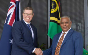 Australia’s Minister for International Development and the Pacific Pat Conroy with Prime Minister Jotham Napat in Port Vila on Thursday. 27 February 2025.