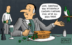 Satirical artist Toby Morris tackles the controversy over Government housing and the kererū.