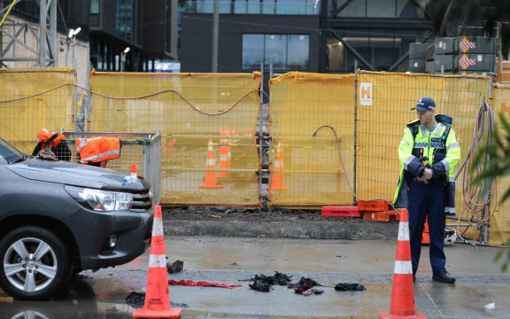 Police at the scene of the incident on Halsey Street in Auckland.