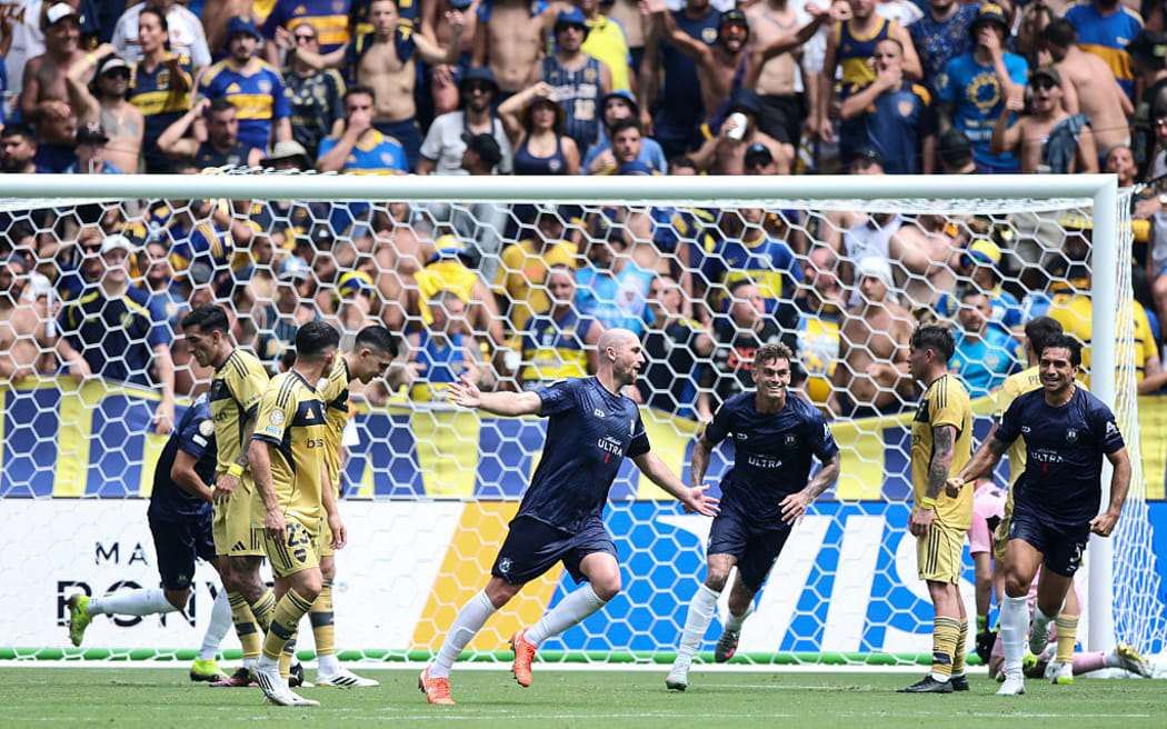 Christian Gray of Auckland City FC celebrates after scoring his team's first goal on a header past Boca Juniors during the FIFA Club World Cup 2025.