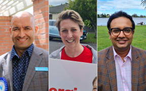 Hamilton West National Party candidate Tama Potaka, Labour candidate Georgie Dansey, and Momentum NZ candidate Gaurav Sharma.