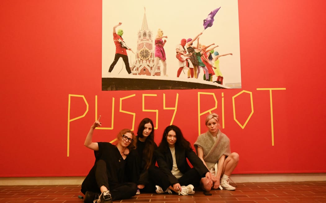 (L-R) Russia's political activists and members of Pussy Riot band Maria Alyokhina, Lucy Shtein, Olga Borisova and Diana Burkot pose for a photo at Pussy Riot's first ever museum exhibition at Louisiana Museum of Modern Art in Humlebaek, outside Copenhagen, on September 13, 2023. Rooted in punk, humour, poetry and pure rage, the feminist-activist art collective Pussy Riot, formed in Moscow 2011, are famous for their spontaneous and courageos actions challenging the Russian regime. (Photo by Sergei GAPON / AFP) / RESTRICTED TO EDITORIAL USE - MANDATORY MENTION OF THE ARTIST UPON PUBLICATION - TO ILLUSTRATE THE EVENT AS SPECIFIED IN THE CAPTION