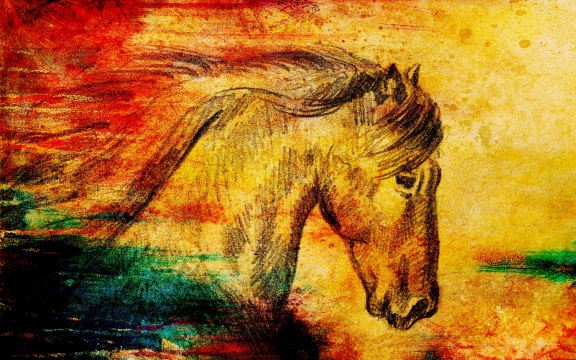 Draw pencil horse on old paper, original hand draw