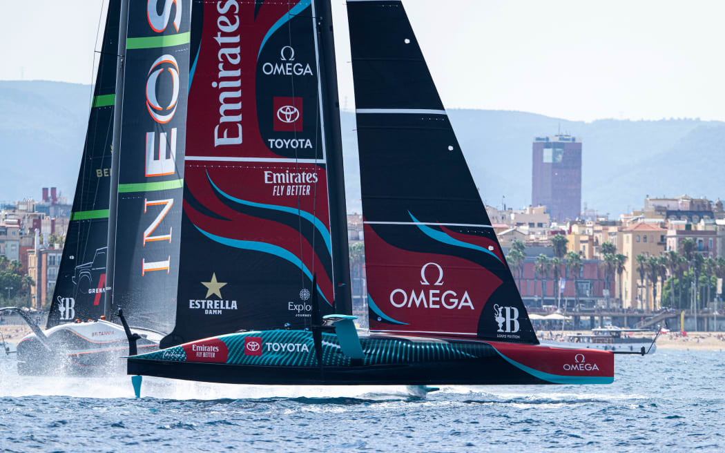 Team New Zealand and Britannia in action off Barcelona, 2024.