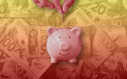 Colourful composite imagery of NZ currency, and a hand depositing into a piggy bank