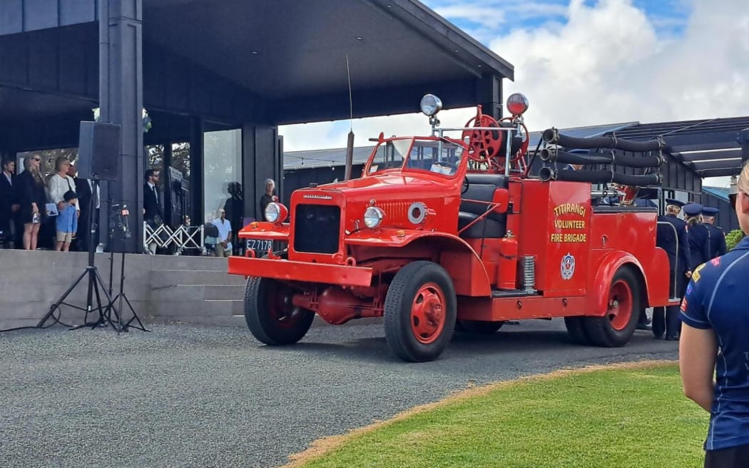 A vintage fire truck at the funeral of Dave van Zwanenberg, killed in Cyclone Gabrielle.