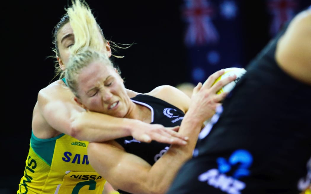 Silver Ferns captain Laura Langman with ball possession against Australian Diamonds