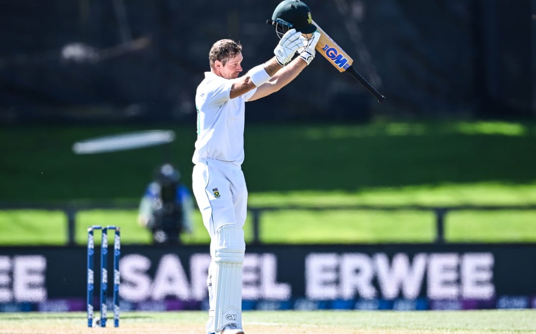 South Africa batsman Sarel Erwee celebrates his century,