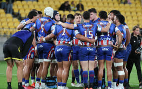 The Hurricanes before their match against the Highlanders at Sky Stadium, Wellington.