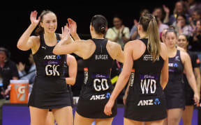 Silver Ferns Kelly Jackson (L) with team mates Karin Burger (C and Kate Heffernan celebrate their win during the Constellation Cup - New Zealand Silver Ferns v Australia Diamonds at TSB  Arena, Wellington. 20 October 2024. © Copyright image by Marty Melville / www.photosport.nz