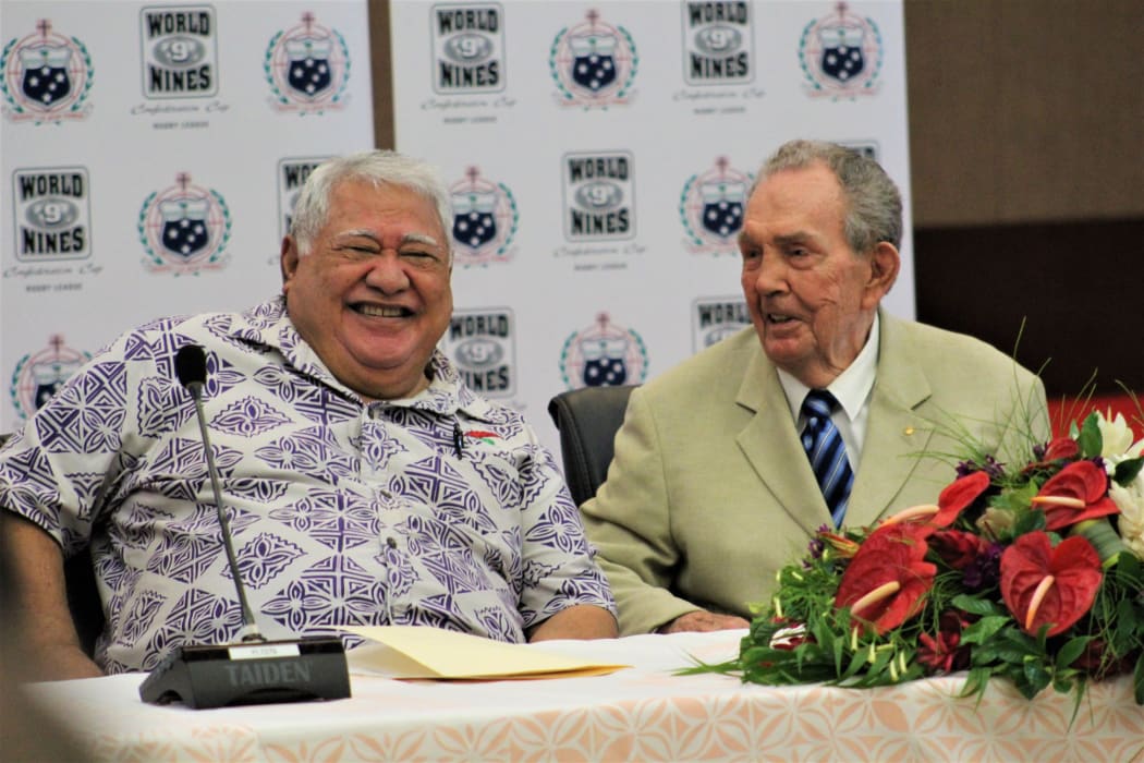 Samoa PM Tuilaepa Sailele Malielegaoi with World Nines Samoa chairman Paul Broughton at the inaugural launch in Apia.