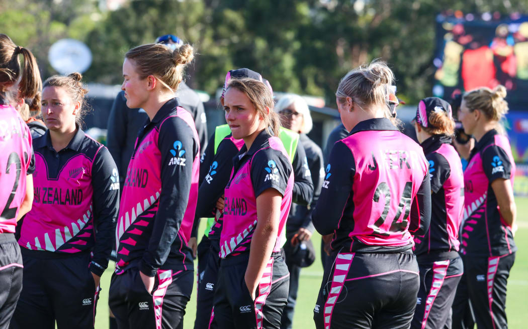 Dejected White Ferns players after their defeat to Australia during the 2020 ICC Women's T20 World Cup.
