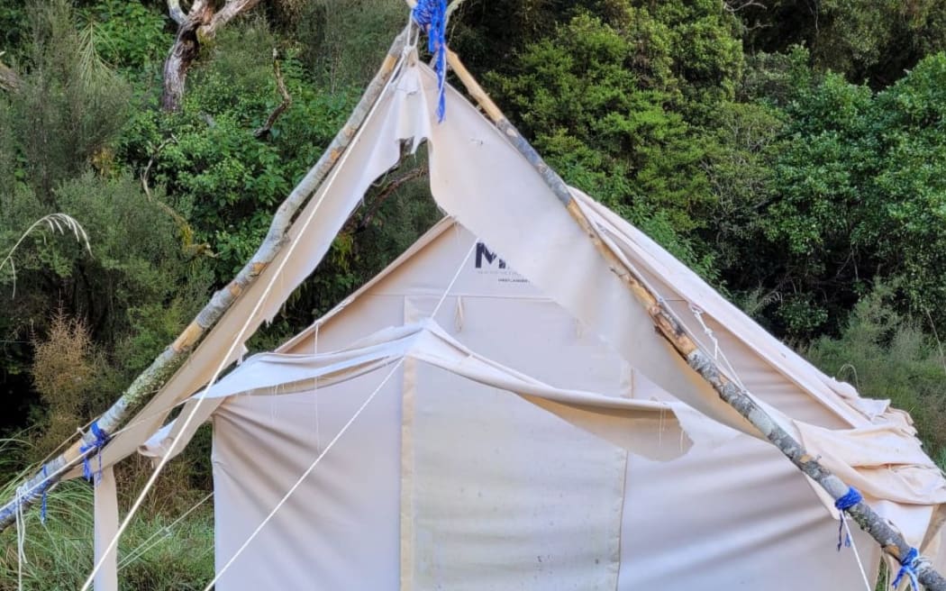 Tent wrecked by kea at Mt Adams on West Coast