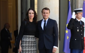 Prime Minister Jacinda Ardern is welcomed by French President Emmanuel Macron at the Elysee Palace for the launch the global "Christchurch Call" initiative to tackle the spread of extremism online, on 15 May.