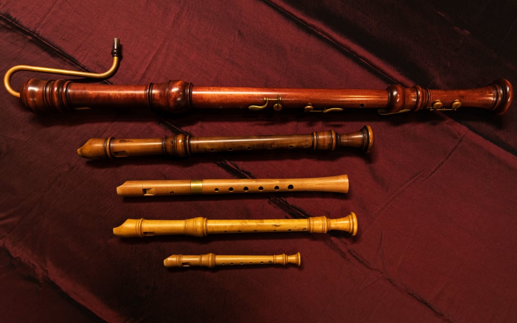 A selection of Kamala Bain's recorders (top to bottom): baroque bass, voice flute in D, Ganassi alto in G, baroque alto in F, sopranino