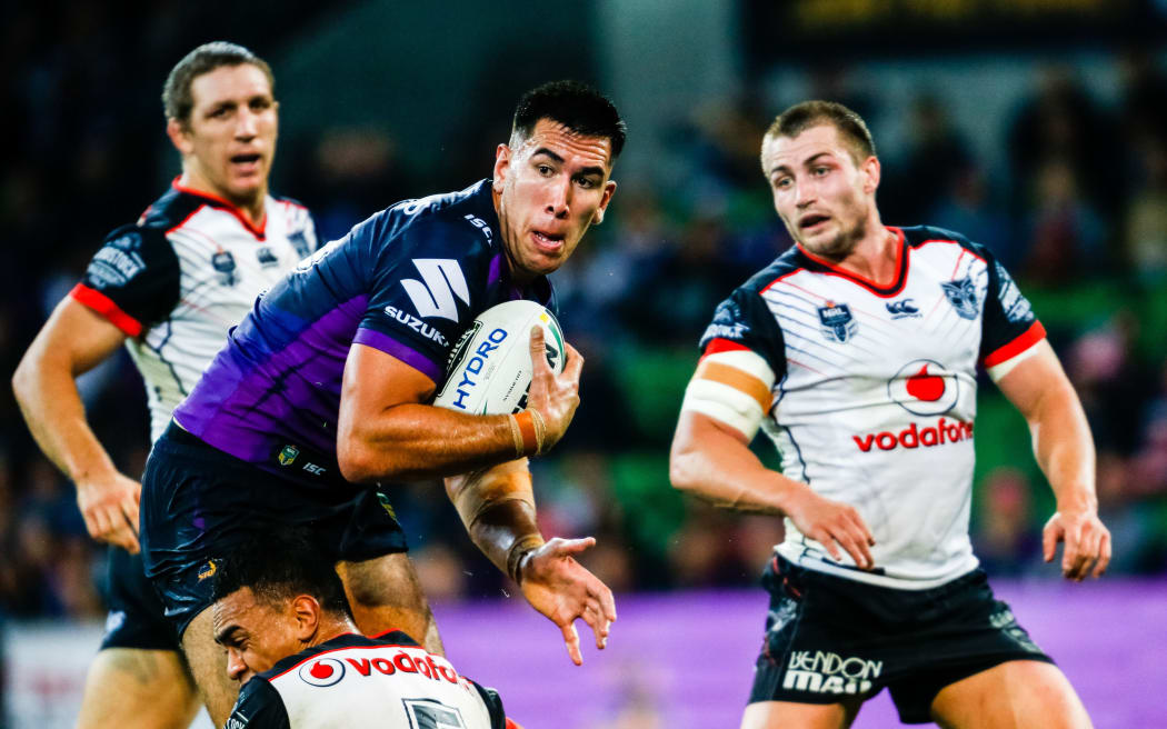 Melbourne Storm prop Nelson Asofa-Solomona playing against the Warriors.