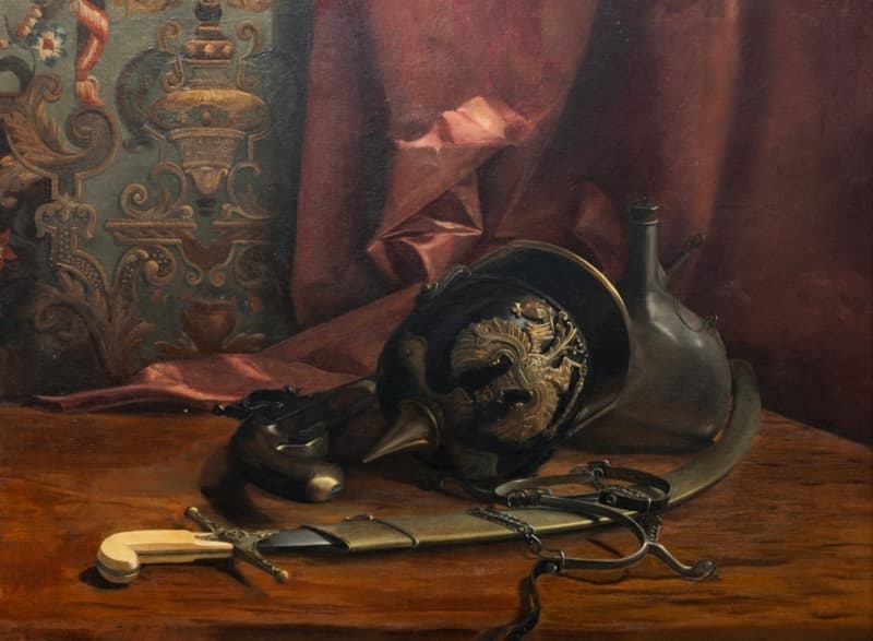 An oil painting of a military helmet, old flintlock holster pistol, spurs, scimitars in a brass case, and a water bottle. A red curtain is in the background with detailed wall decorations.