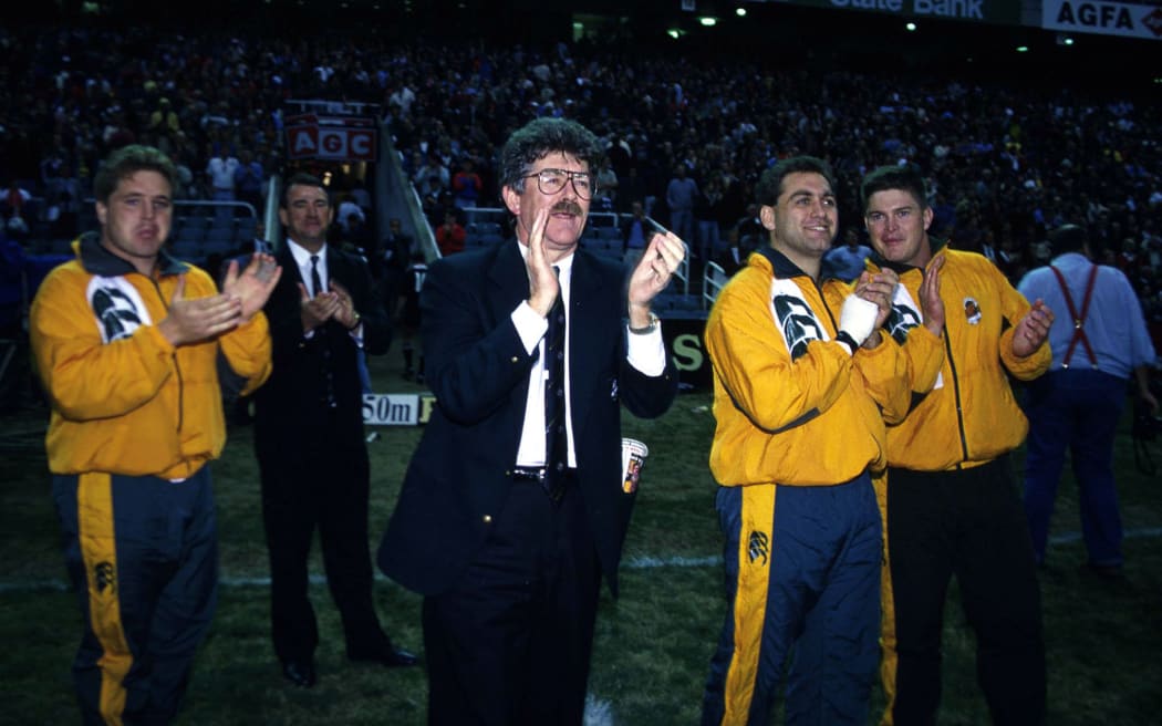 Australian coach Bob Dwyer celebrates his side's 1992 win over the All Blacks.