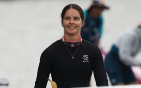 Aimee Fisher from New Zealand in the women's kayak single 500m heats, Paris 2024.