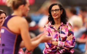 SYDNEY, AUSTRALIA - APRIL 06:  Firebirds head coach Kiri Wills watches on during the warm up before the round one Super Netball match between Giants Netball and Queensland Firebirds at Ken Rosewall Arena, on April 06, 2025, in Sydney, Australia. (Photo by Mark Kolbe Photography/Getty Images)