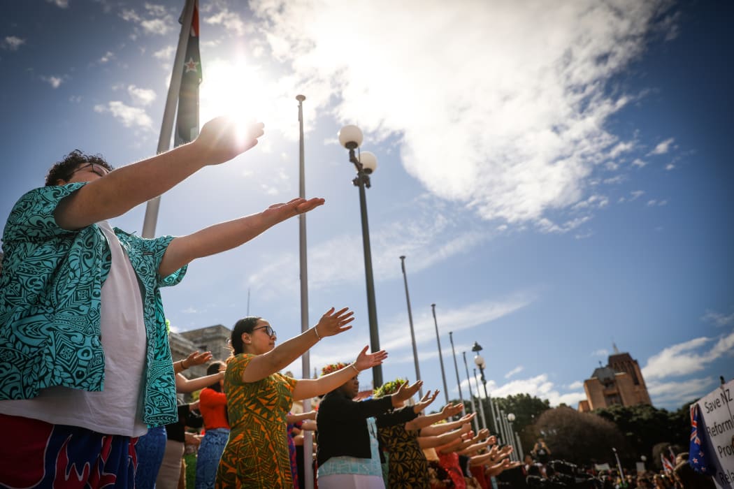 Pacific Climate Warriors outside Parliament during the climate change strike