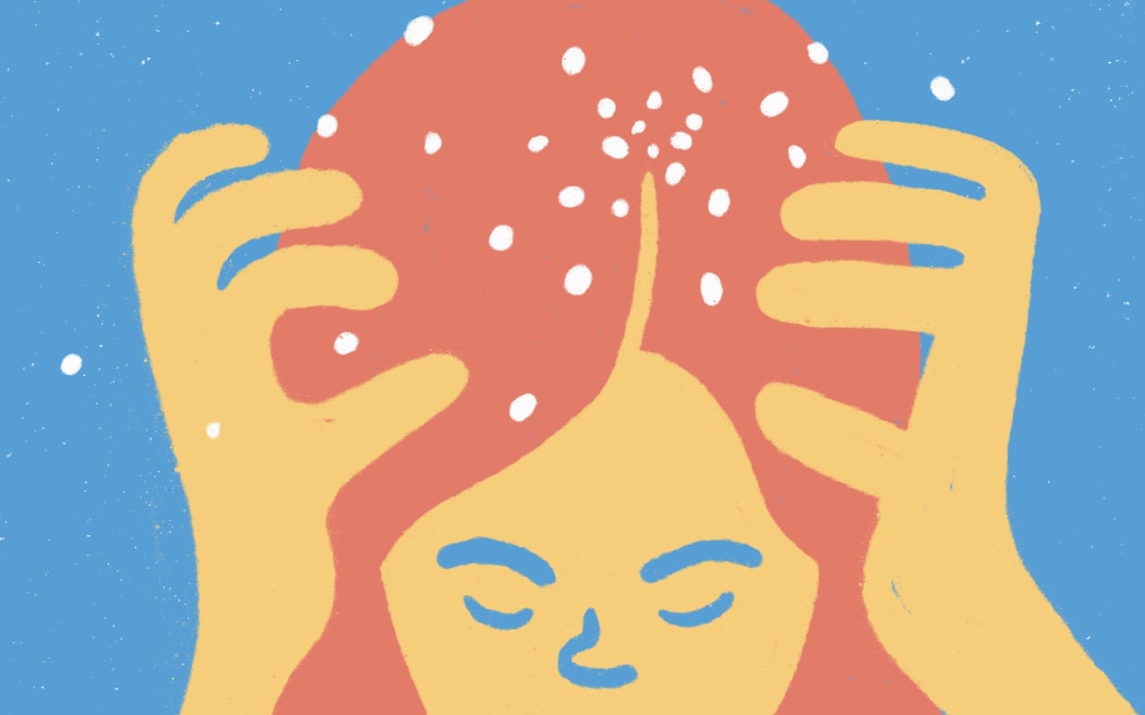 Stylised illustration of lice, comb and child