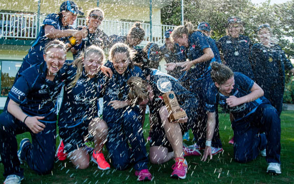 Auckland Hearts celebrate winning the Women's Cricket Domestic One Day Final