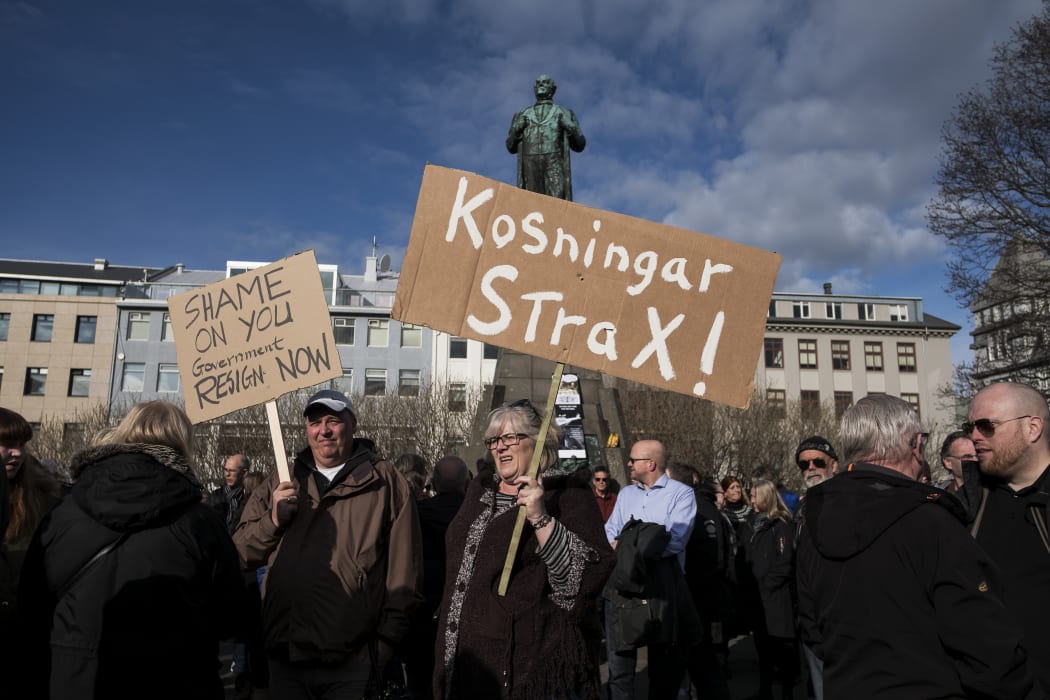 Protesters outside Iceland's parliament, Alltinget, in Reykjavik on Monday April 4, 2016.