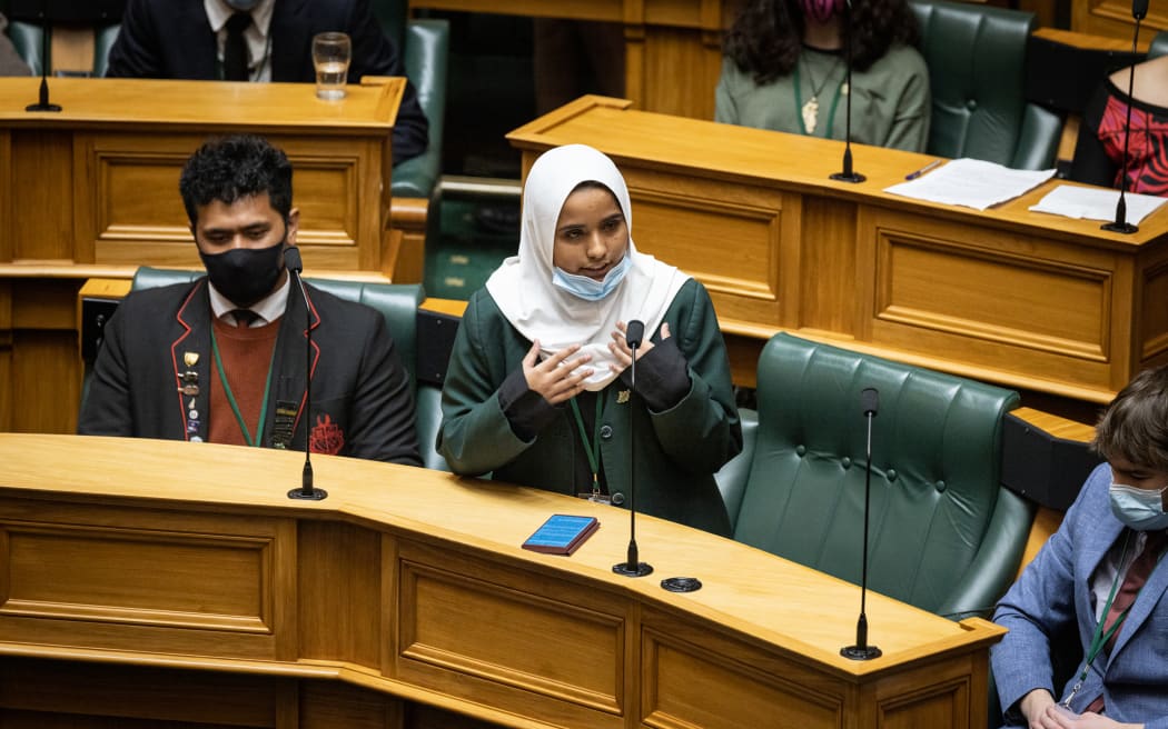 Humairaa Saheb (Youth MP for Aupito William Sio) decries school inaction on racism and religious intolerance during Youth Parliament 2022.