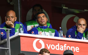 Tony Iro, Head coach Stephen Kearney and Todd Payten. Warriors coaching box.
