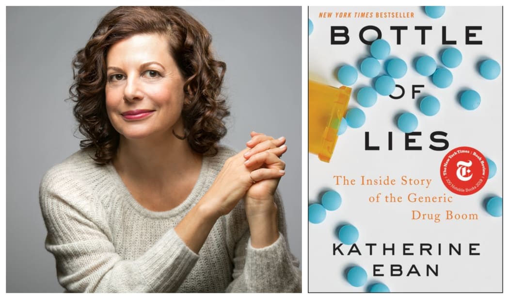 Katherine Eban and the cover of her book "Bottle of Lies"