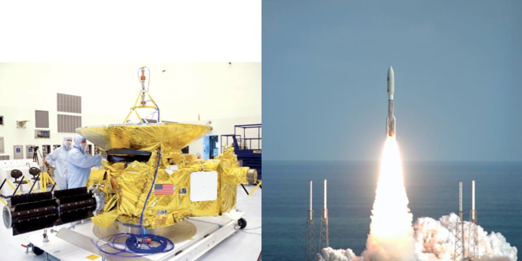 The left image shows the New Horizons spacecraft during testing at Kennedy Space Center in 2005. At right, New Horizons lifts off from Cape Canaveral Air Force Station on Jan. 19, 2006.