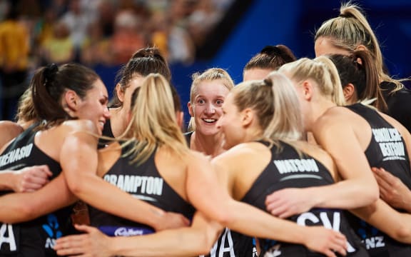 Silver Ferns team huddle.