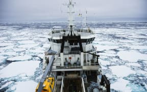 The Tangaroa navigates thick ice on a previous Southern Ocean trip.