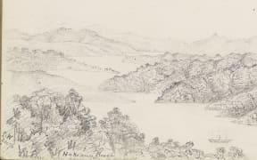 A landscape drawing of the Hokianga River, made by an early surveyor in his field notebook in December 1876.