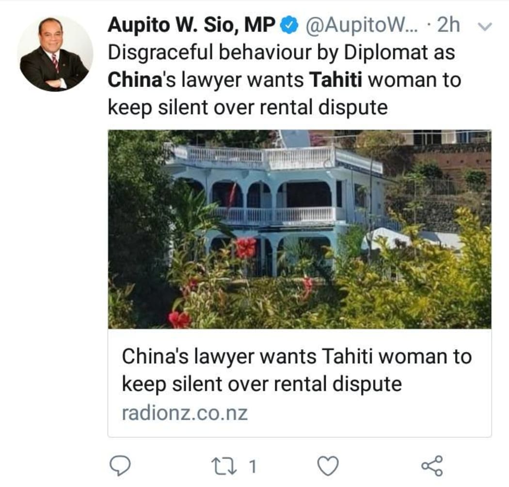 A screenshot of the deleted tweet from Aupito William Sio.