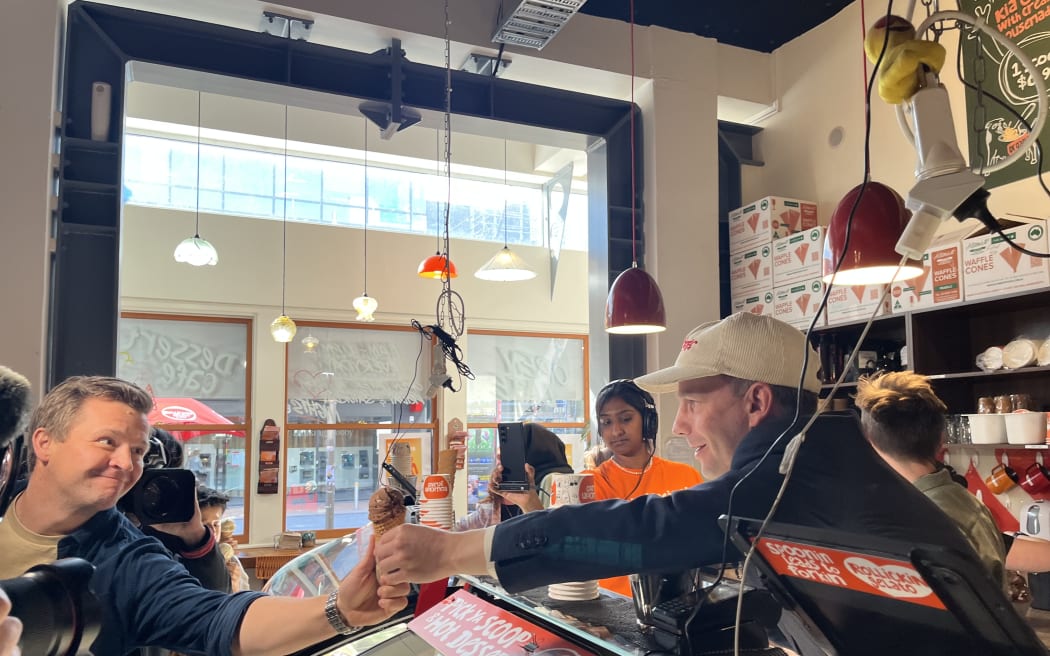 Act leader David Seymour announcing his party's welfare policy before meeting some businesses in central Christchurch earlier today. He then got behind the counter at Rollickin Gelato - the go-to spot in the Garden City for politicians this campaign trail.
