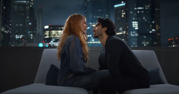 Blkake Lively and Justin Baldoni in a scene from It Ends with Us.