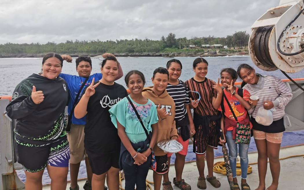 Atiu students onboard the Moana Minerals research vessel Anuanua Moana on Saturday.
