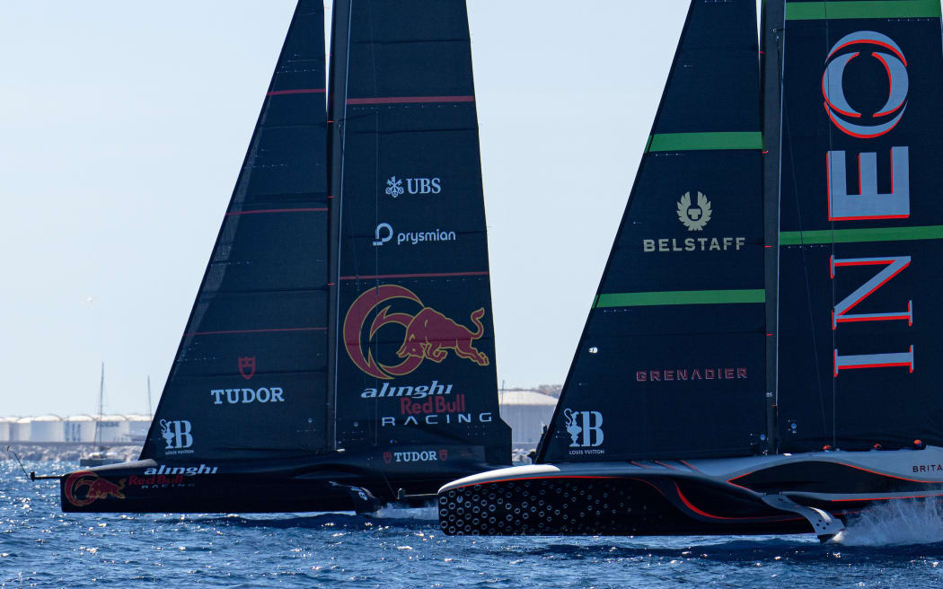 Alinghi Red Bull Racing and Ineos Britannia in action during America's Cup Louis Vuitton Cup, Semi Finals, Barcelona, 2024.