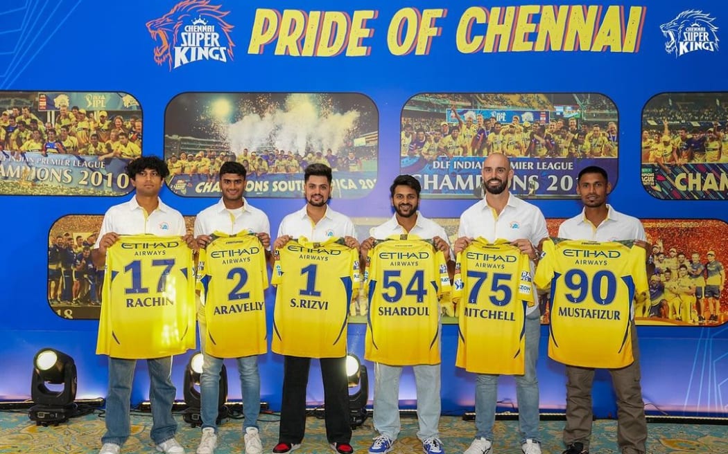 Rachin Ravindra and Daryl Mitchell along with other Chennai Super Kings players in India.