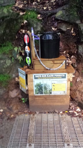 One of the barrel-and-grate cleaning stations that have been used to halt the spread of kauri dieback.